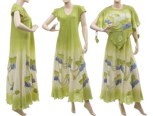 Handmade Blumen Kleid mit Überwurf, hellgrün natur 38-44