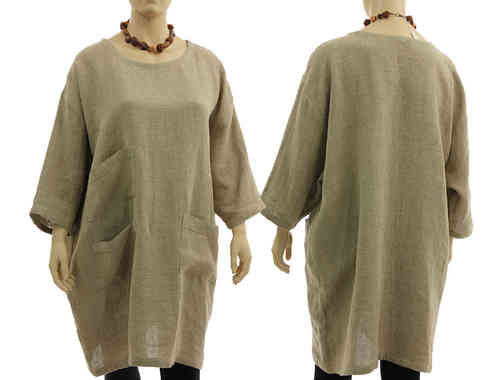 Weites Lagenlook Kleid Tunika 3 Taschen, Leinen in natur 46-56