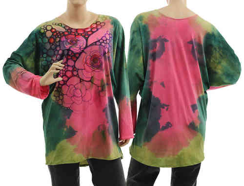 Handbemalte Tunika Shirt aus Baumolle in grün pink 38-44/46