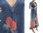 Handmade Blumen Kleid mit Schal, blau mit koralle 38-42