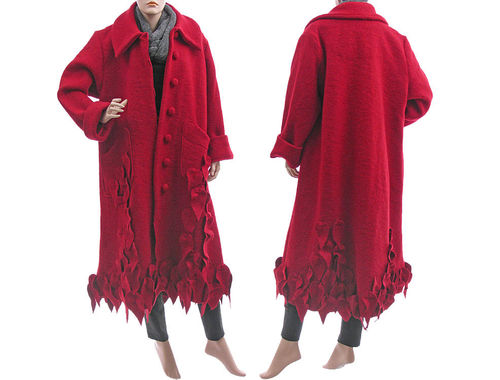 Lagenlook Mantel mit Blättern gekochte Wolle in rot 46-50