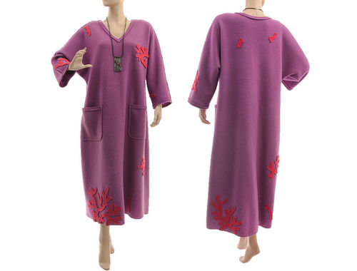 Lagenlook warmes Winterkleid gekochte gefilzte Merinowolle in lila mit koralle 44-50