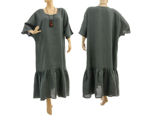Weites langes Lagenlook Leinen Kleid mit Rüsche in grau 46-52