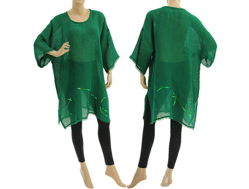 Lagenlook Sommer Tunika Strandkleid mit Pailletten, Leinen in grün 38-48
