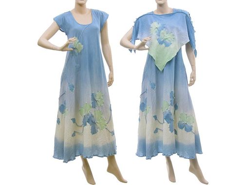 Handmade Blumen Kleid mit Überwurf, blau natur mint 38-44