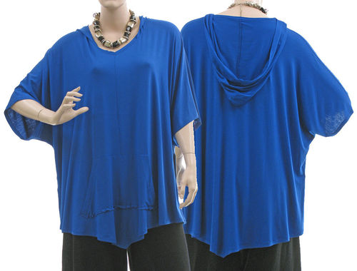 Lagenlook zipfelige Tunika Shirt mit Kapuze in kobalt 42-52