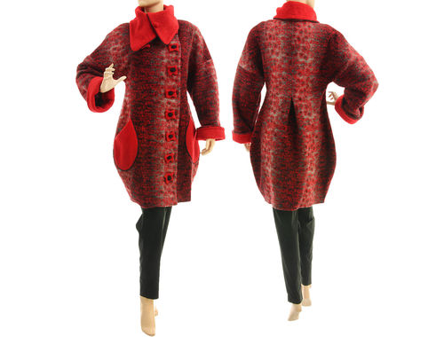 Lagenlook Herbst Winter Ballon Mantel gekochte Wolle in grau rot 36-38