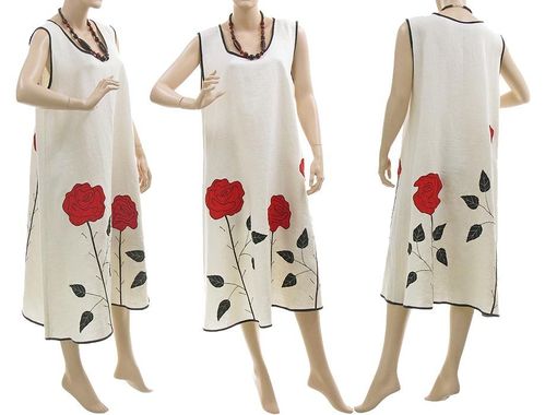 Lagenlook Boho Rosen Kleid in A-Form, Leinen in weiß 42-46