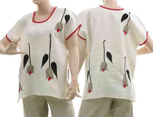 Lagenlook Shirt mit Tulpen, Leinen in naturweiß S-M
