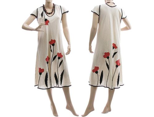 Mohnblumen Kleid Unikat, crinkle Baumwolle in weiß 42-46