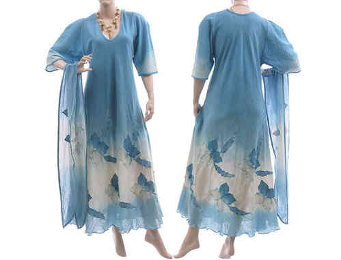 Handmade Blumen Kleid mit Schal, in blau 40-44