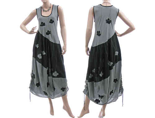 Lagenlook Ballon Kleid mit Blumen Baumwolle in grau schwarz 38-40