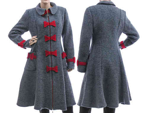 Glockiger Mantel gekochte Wolle blau-grau 36-40