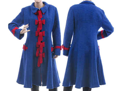Glockiger Mantel gekochte Wolle kobalt mit rot 42-44