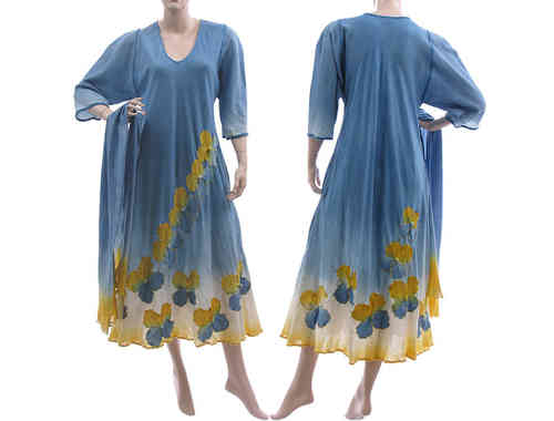 Handmade Blumen Kleid mit Schal blau gelb 42-46