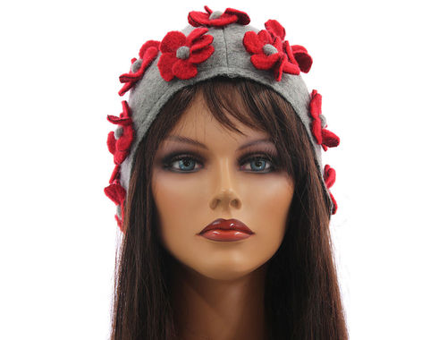 Boho Lagenlook Kappe / Mütze mit Blumen, gekochte Wolle grau rot M-XL