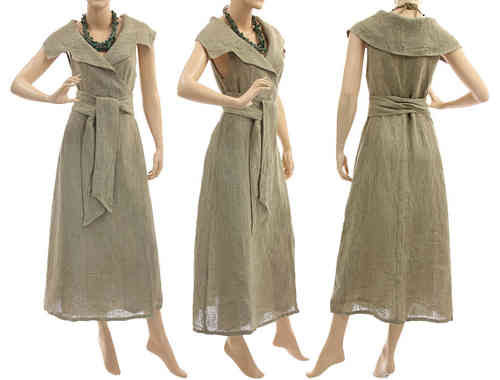 Langes Wickel Kleid Leinen, mit großem Kragen, natur 36-40