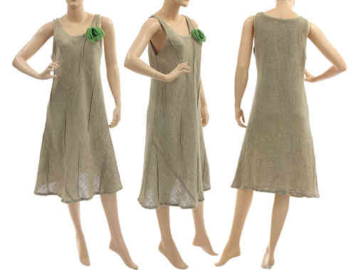 Träger Kleid Leinen, mit Biesen und grüner Blume, natur 36-40