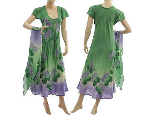 Handmade Lagenlook Kleid mit Schal, grün lila 36-40