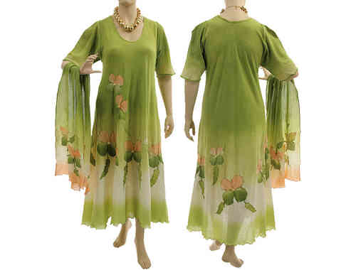 Handmade Lagenlook Kleid mit Schal, grün apricot 44-48