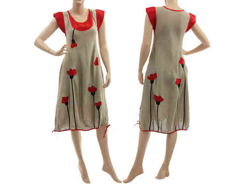 Zauberhaftes Leinen Kleid mit Mohnblumen in natur rot 34-38