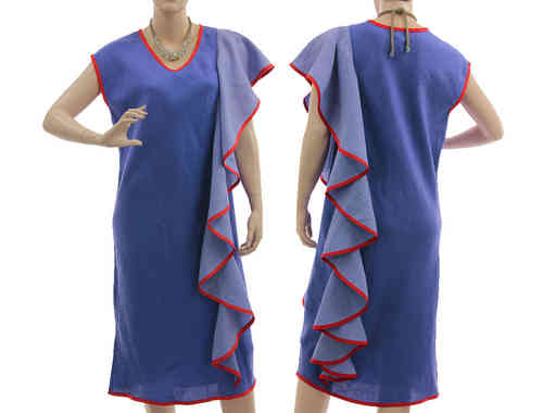 Partykleid Coctailkleid Leinen Kleid mit Volant in blau hellblau 40-44