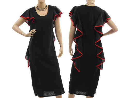 Partykleid Coctailkleid Leinen Kleid mit Volants in schwarz rot 36-38/40