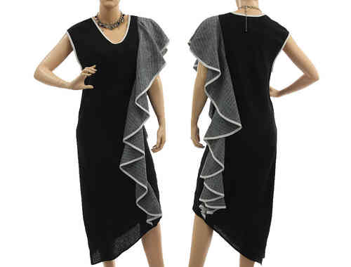 Partykleid Coctailkleid Leinen Kleid mit Volant schwarz grau 36-38/40