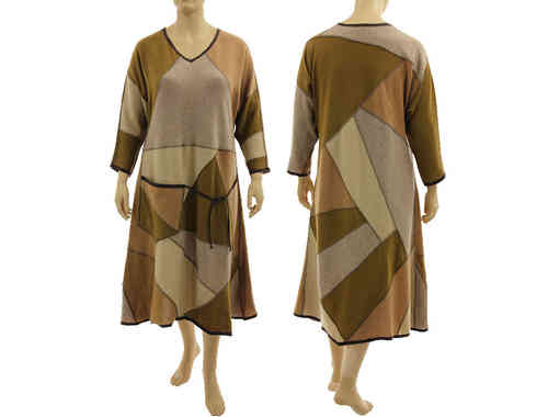 Langes Strick Kleid A-Form, weiche Wolle in beige braun 48-52