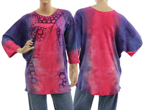 Handbemalte Tunika Shirt aus Baumolle in blau lila pink 38-44