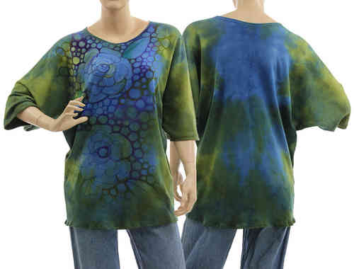 Handbemalte Tunika Shirt aus Baumolle in grün blau 38-44