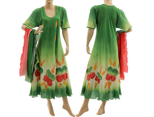 Handmade Lagenlook Kleid mit Schal, grün rot orange 40-44