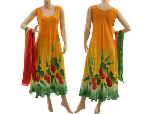 Handmade Lagenlook Kleid mit Schal, orange grün rot 40-44