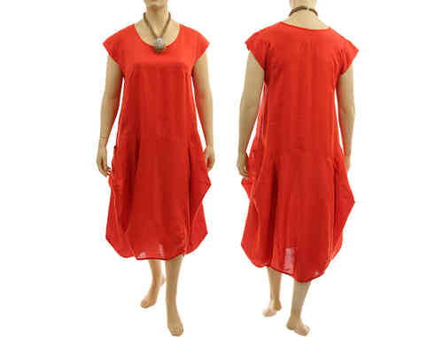 Langes Lagenlook Ballon Tüten Kleid, Leinen in rot-orange 46-50