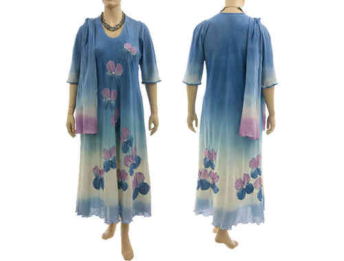 Handmade Blumen Kleid mit Schal, blau mit hell lila 44-48