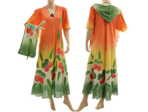 Handmade Blumen Kleid mit Kapuze, orange grün rot 44-48