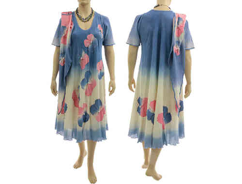 Handmade Blumen Kleid mit Schal, blau mit pink 46-50