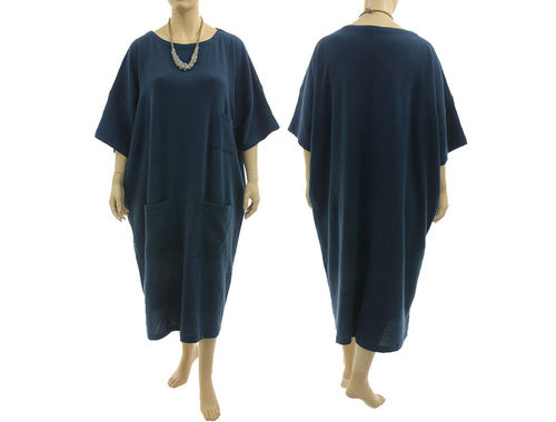 Weites Lagenlook Kleid mit 3 Taschen, Leinen in dunkelblau 48-56