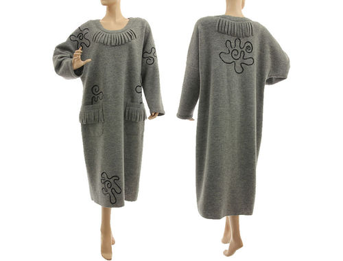 Lagenlook warmes Winterkleid gekochte gefilzte Merinowolle in grau 44-50