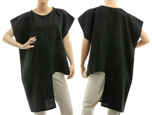 Asymmetrische Boho Leinen Tunika Shirt mit Tasche, schwarz 38-42