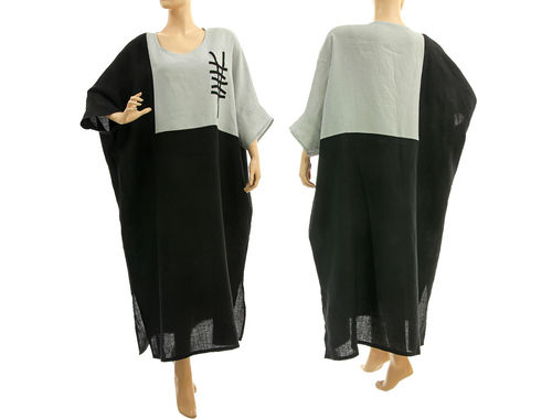 Lagenlook langes weites Leinen Kleid Kaftan in schwarz grau 44-52