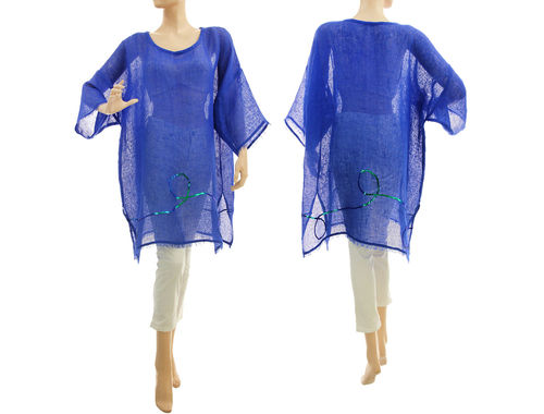 Lagenlook Sommer Tunika Strandkleid mit Pailletten, Leinen in kobalt blau 38-50