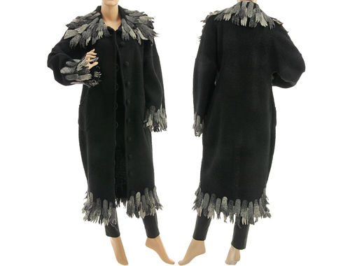 Ausgefallener langer Mantel gekochte Wolle schwarz grau 38-42