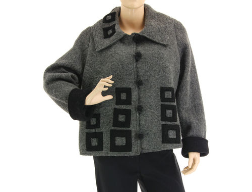 Lagenlook Jacke mit Kragen, gekochte Wolle grau schwarz 42-46