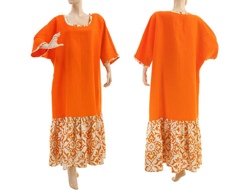 Weites Leinen Boho Maxi Kleid mit Rüsche in orange 46-54