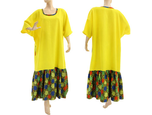 Weites Leinen Boho Maxi Kleid mit Rüsche in gelb 44-50