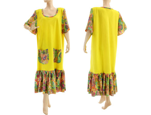 Leinen Boho A-Form Kleid mit Rüsche in gelb 44-50