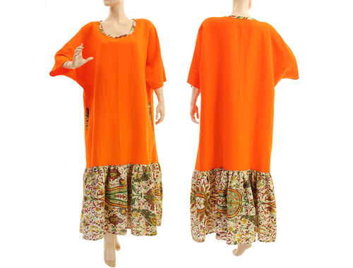 Weites Boho Maxi Leinen Kleid mit Rüsche in orange 44-52