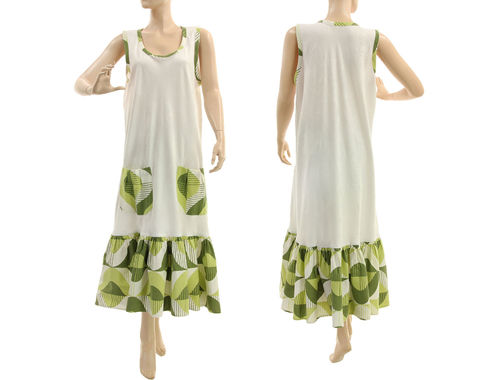 Leinen Baumwolle A-Form Kleid mit Rüsche weiß grün 44-46