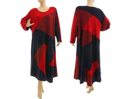Maxi Strickkleid, upcycled Patchwork Wolle in rot blau 44-50